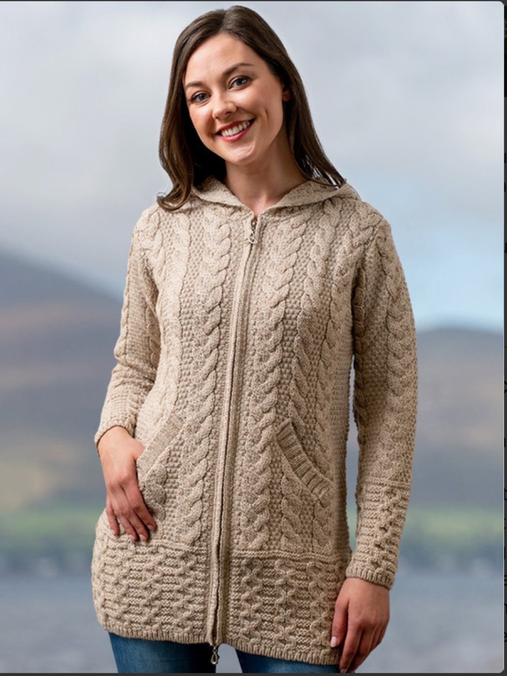 Aran Crafts Irish Merino Wool Hooded Cardigan Zipper Pull Cable Knit Celtic - Picture 2 of 12